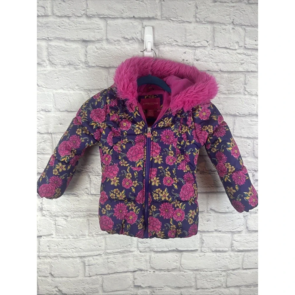 London Fog Girls Kids Floral Faux Fur Hooded Puffer Winter Coat Jacket Size 5-6